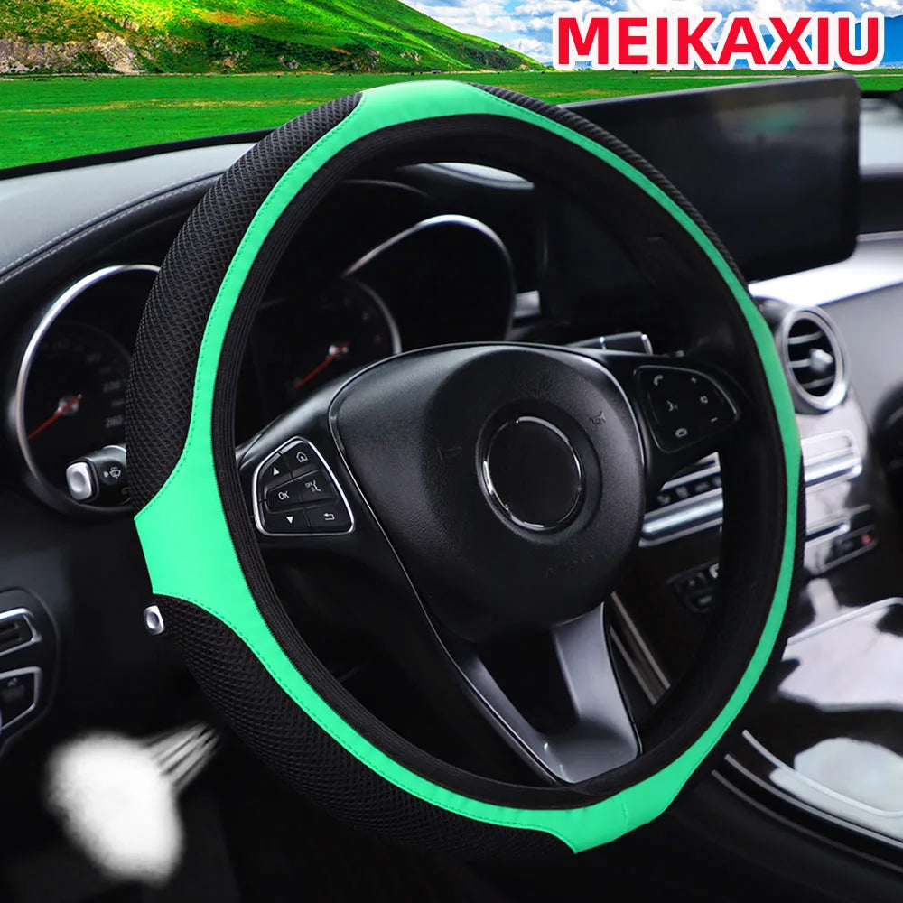 A mesh leather breathable comfort New stretch car steering wheel cover without inner rim fits 14.5- to 15-inch car interiors