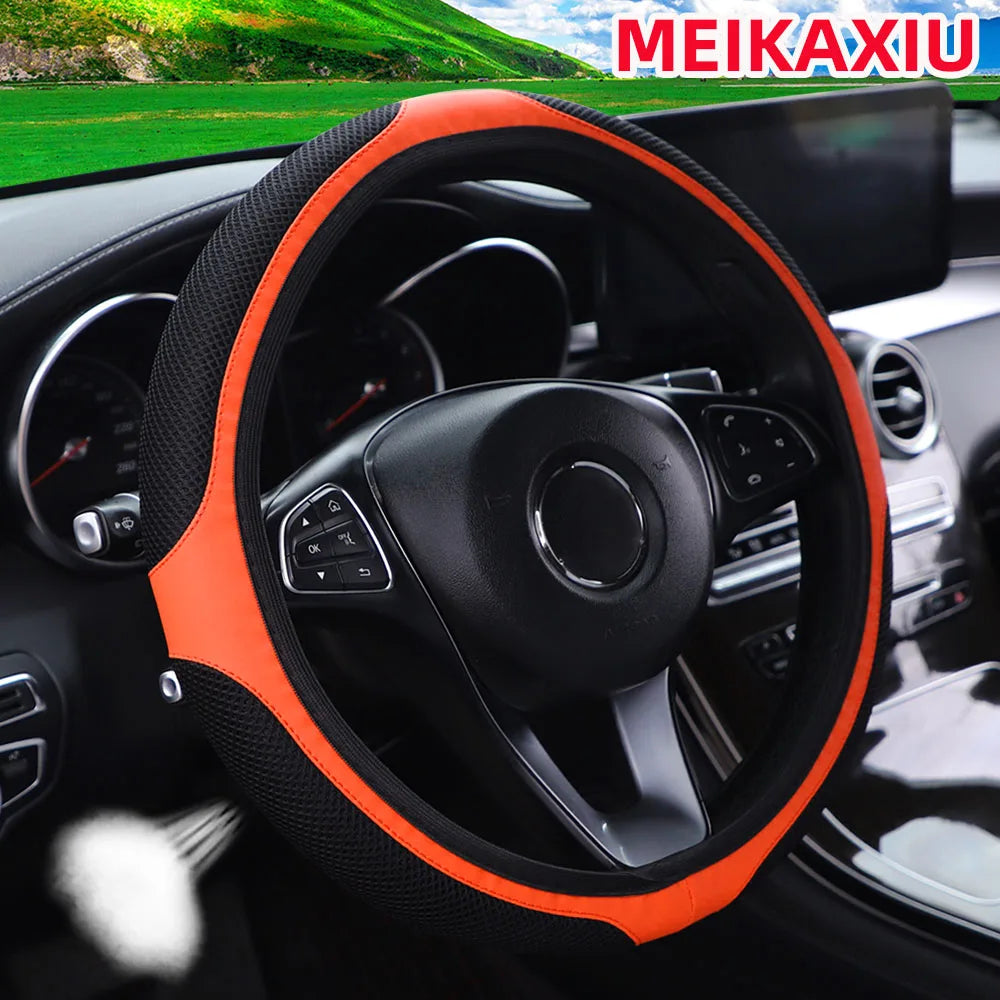 A mesh leather breathable comfort New stretch car steering wheel cover without inner rim fits 14.5- to 15-inch car interiors