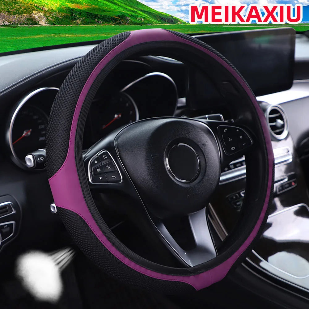 A mesh leather breathable comfort New stretch car steering wheel cover without inner rim fits 14.5- to 15-inch car interiors
