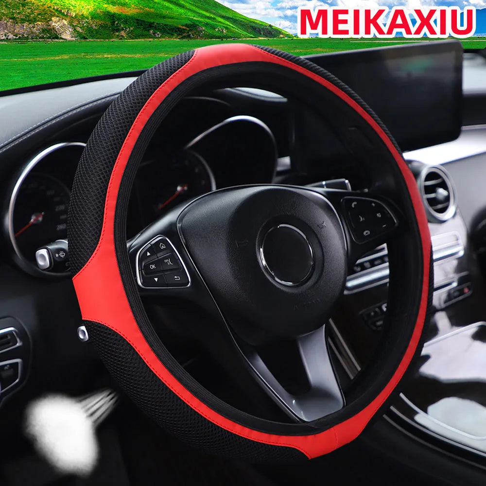 A mesh leather breathable comfort New stretch car steering wheel cover without inner rim fits 14.5- to 15-inch car interiors