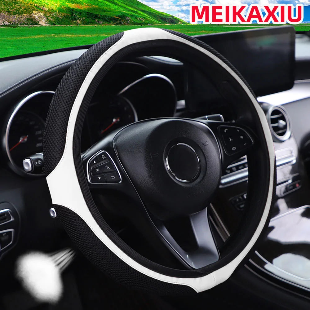 A mesh leather breathable comfort New stretch car steering wheel cover without inner rim fits 14.5- to 15-inch car interiors