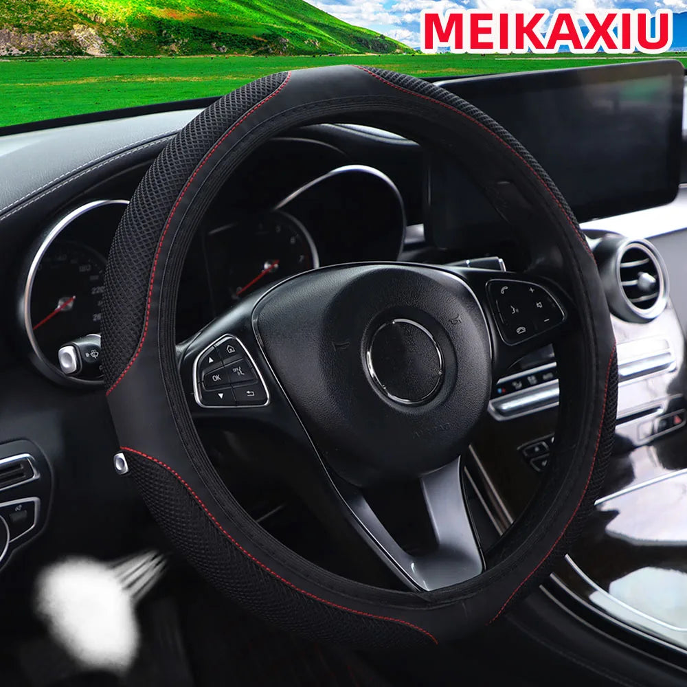 A mesh leather breathable comfort New stretch car steering wheel cover without inner rim fits 14.5- to 15-inch car interiors
