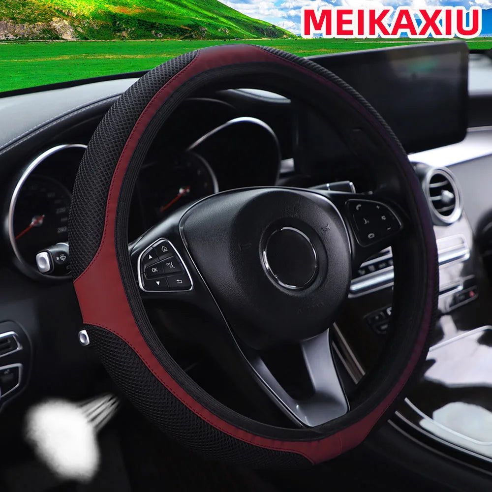 A mesh leather breathable comfort New stretch car steering wheel cover without inner rim fits 14.5- to 15-inch car interiors