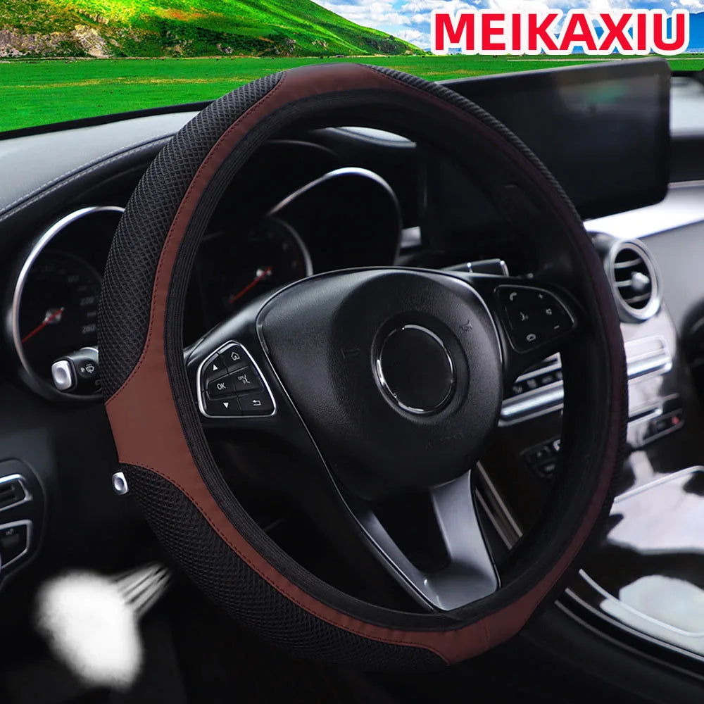 A mesh leather breathable comfort New stretch car steering wheel cover without inner rim fits 14.5- to 15-inch car interiors