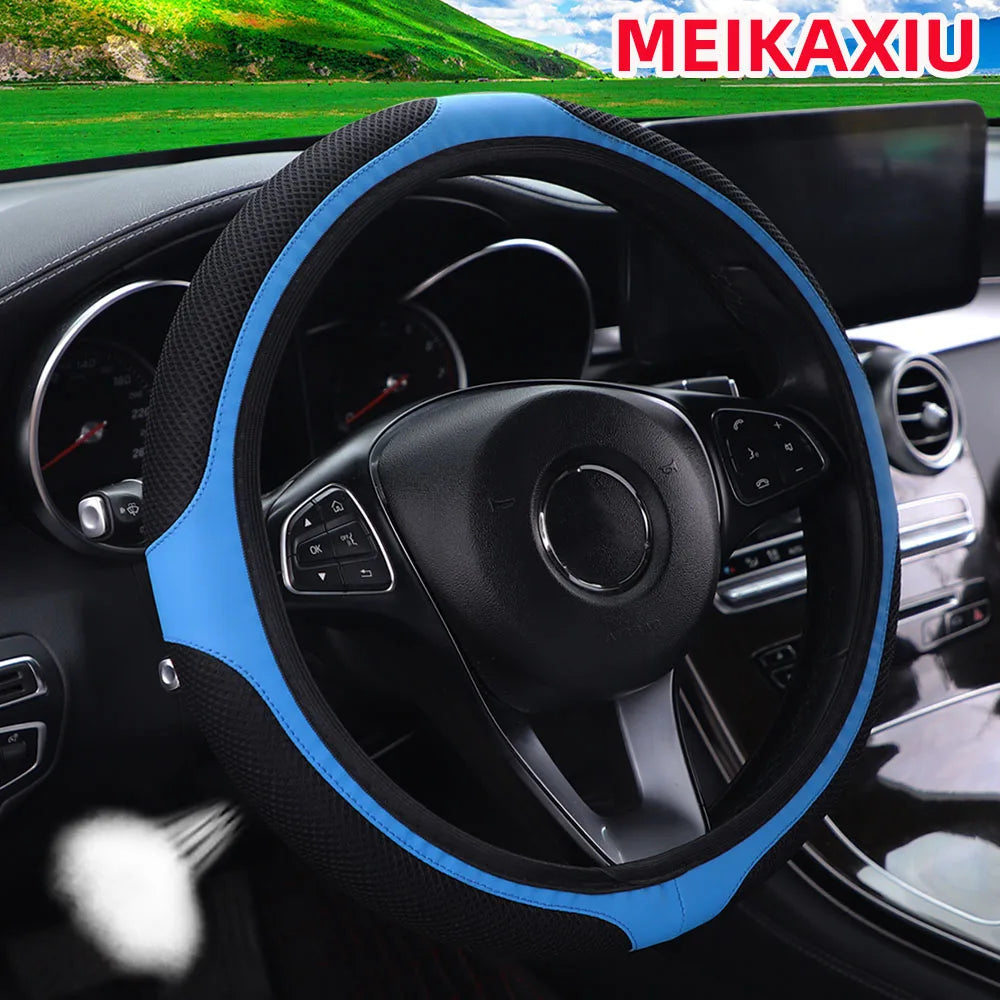 A mesh leather breathable comfort New stretch car steering wheel cover without inner rim fits 14.5- to 15-inch car interiors