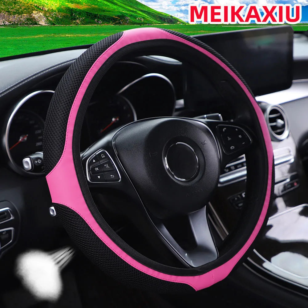 A mesh leather breathable comfort New stretch car steering wheel cover without inner rim fits 14.5- to 15-inch car interiors
