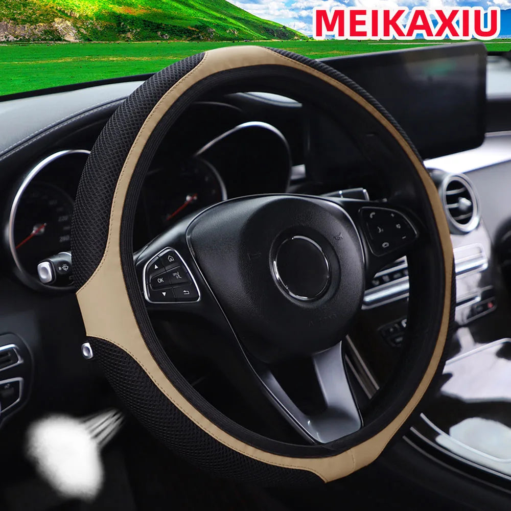 A mesh leather breathable comfort New stretch car steering wheel cover without inner rim fits 14.5- to 15-inch car interiors